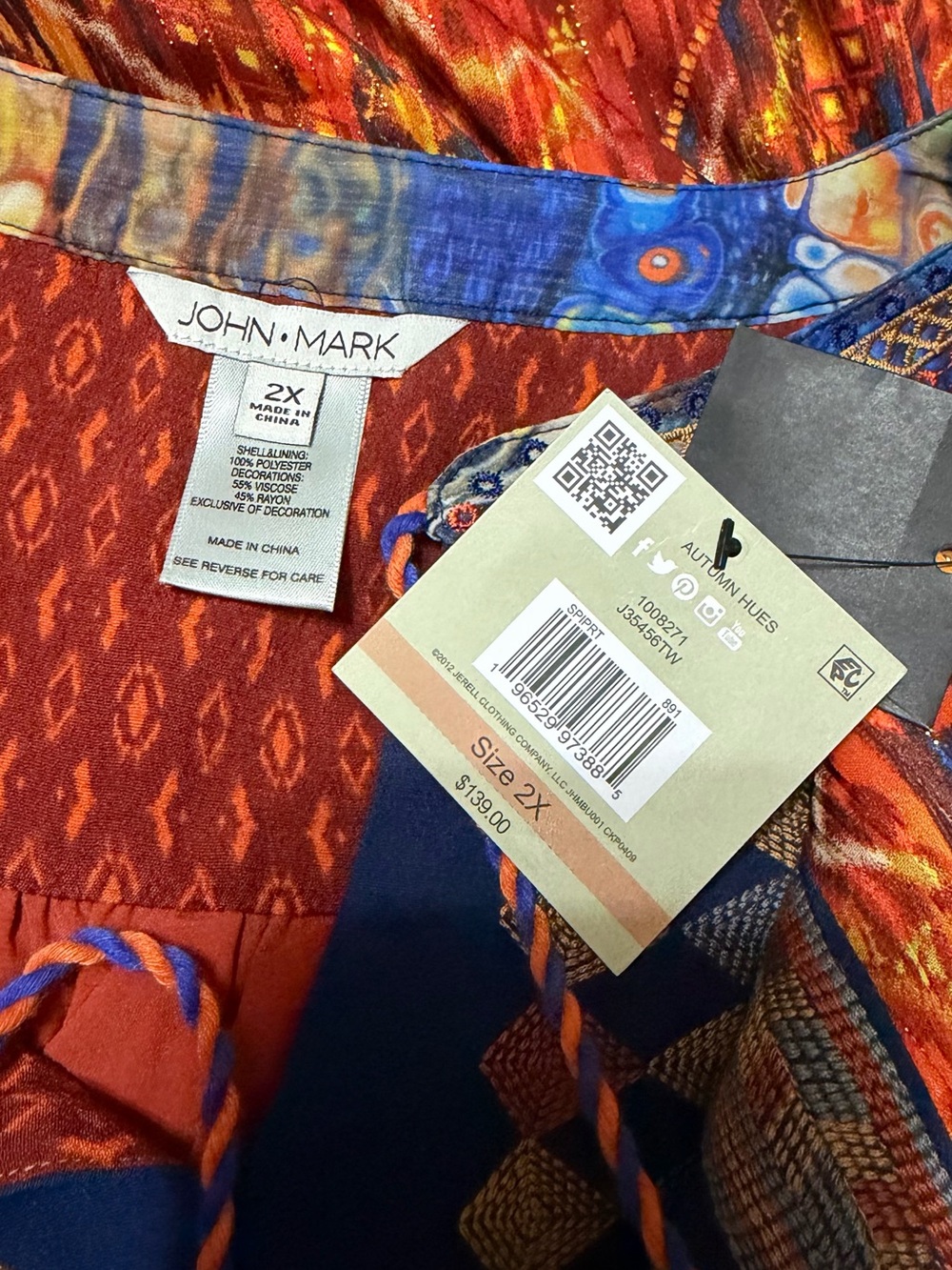 John Mark Autumn Hues Boho Tunic Top Plus 2X Ikat Print Embroidered Tassel Tie - Picture 13 of 13